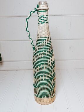 Vintage Woven Wrapped Glass Bottle Green | Spanish Woven Bottle